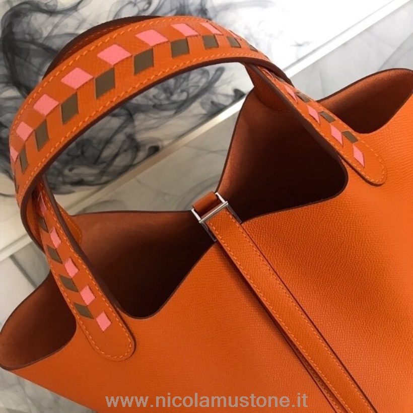 γνήσιας ποιότητας Hermes Tressage De Cuir Picotin τσάντα κλειδαριάς 18cm Epsom δέρμα μοσχαριού ραμμένο στο χέρι παλλάδιο υλικό πορτοκαλί παπαρούνας