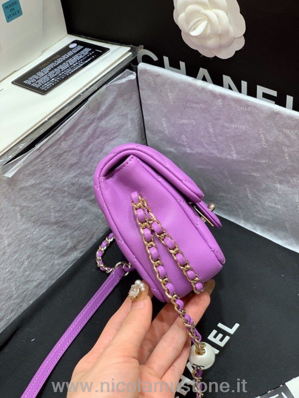 γνήσιας ποιότητας Chanel Flap μαργαριτάρι διακοσμημένη τσάντα 18cm χρυσό δέρμα από δέρμα αρνιού συλλογή άνοιξη/καλοκαίρι 2020 μωβ