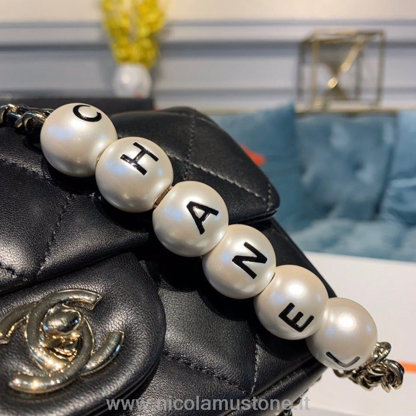 γνήσιας ποιότητας Chanel Flap μαργαριτάρι διακοσμημένη τσάντα 18cm χρυσό δέρμα αρνιού δερμάτινο δέρμα άνοιξη/καλοκαίρι 2020 συλλογή μαύρο