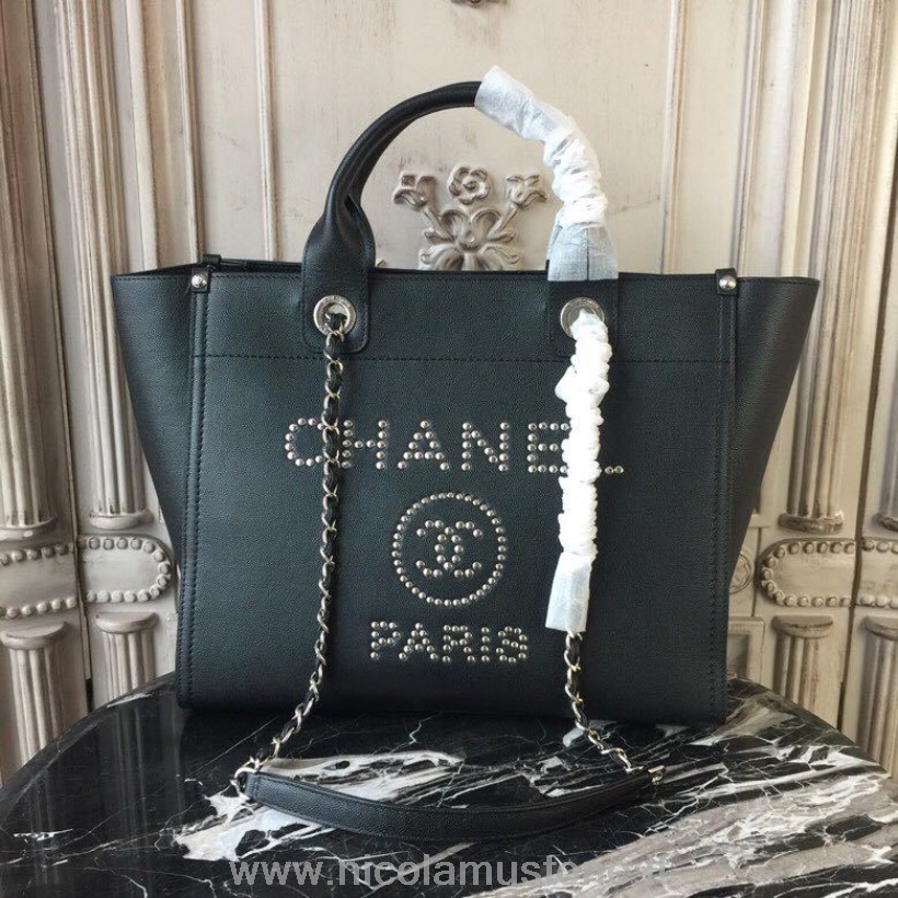 γνήσιας ποιότητας Chanel με καρφιά Deauville μεσαία τσάντα 33cm δέρμα μοσχαριού χρυσό υλικό άνοιξη/καλοκαίρι 2018 πράξη 1 συλλογή μαύρο