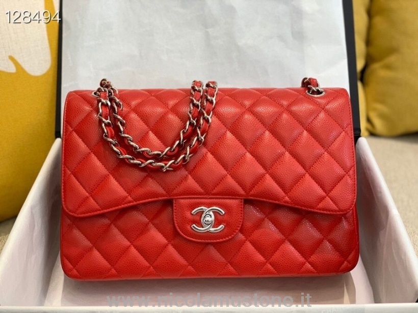 γνήσιας ποιότητας Chanel Classic Flap Jumbo Bag 58600 30cm ασημί Hardware δέρμα αρνιού συλλογή φθινόπωρο/χειμώνας 2020 κόκκινο