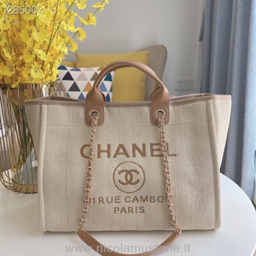 γνήσιας ποιότητας Chanel Deauville Tote 36cm πάνινη τσάντα A066941 συλλογή φθινόπωρο/χειμώνας 2020 μπεζ