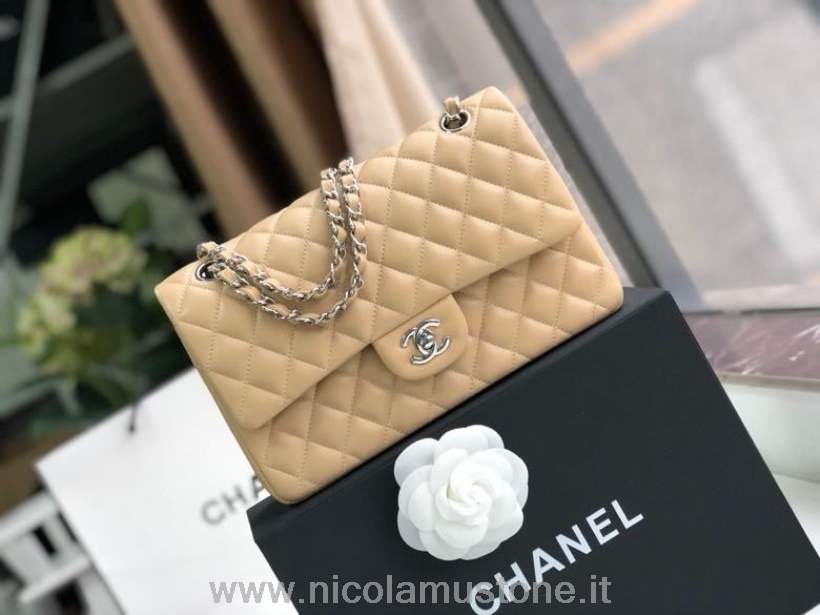 αρχικής ποιότητας Chanel Classic Flap τσάντα 25cm ασημί Hardware δέρμα αρνιού συλλογή άνοιξη/καλοκαίρι 2020 μπεζ