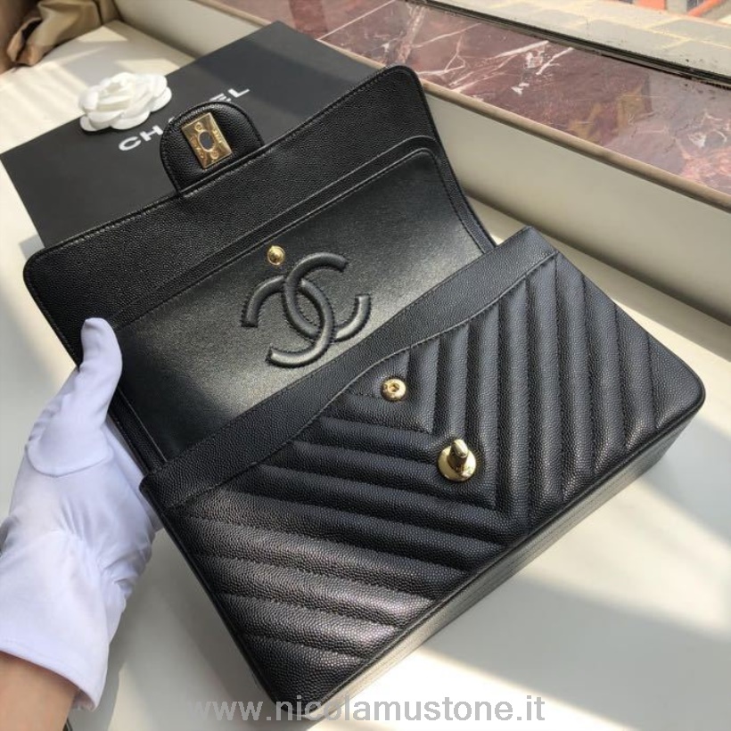 γνήσιας ποιότητας Chanel Chevron Classic Flap τσάντα 25cm χρυσό υλικό χαβιάρι δέρμα συλλογή άνοιξη/καλοκαίρι 2020 μαύρο