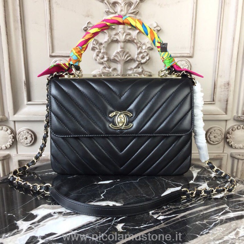 γνήσιας ποιότητας Chanel Trendy Cc Chevron Top Handle Bag 25cm δέρμα μοσχαριού χρυσό υλικό άνοιξη/καλοκαίρι 2018 πράξη 1 συλλογή μαύρο