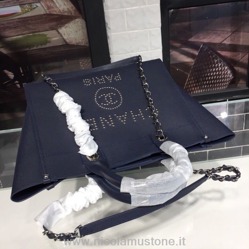 γνήσιας ποιότητας Chanel με καρφιά Deauville τσάντα 33cm δέρμα μοσχαριού χρυσό υλικό άνοιξη/καλοκαίρι 2018 πράξη 1 συλλογή Navy Blue