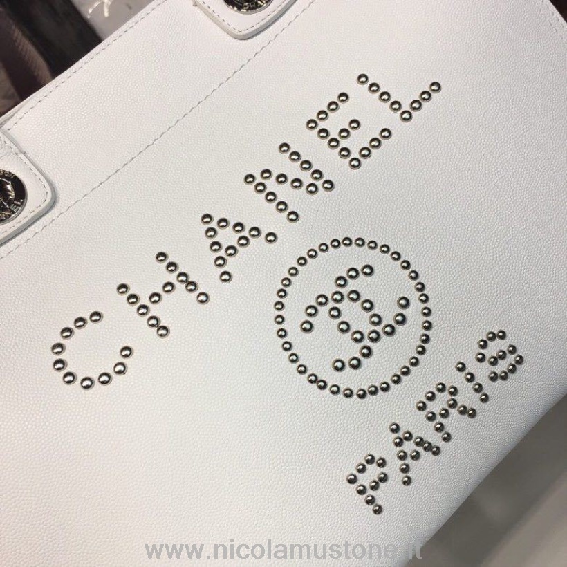 γνήσιας ποιότητας τσάντα Deauville με καρφιά Chanel 33cm δέρμα μοσχαριού χρυσό υλικό άνοιξη/καλοκαίρι 2018 πράξη 1 συλλογή λευκό