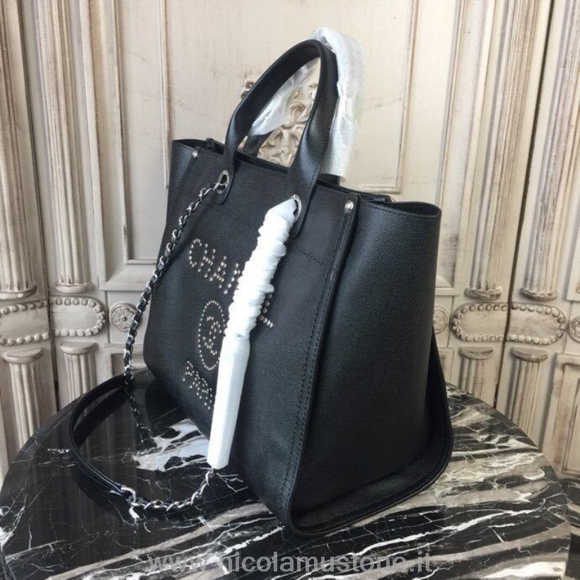 γνήσιας ποιότητας τσάντα Deauville με καρφιά Chanel 33cm δέρμα μοσχαριού χρυσό υλικό άνοιξη/καλοκαίρι 2018 πράξη 1 συλλογή μαύρο
