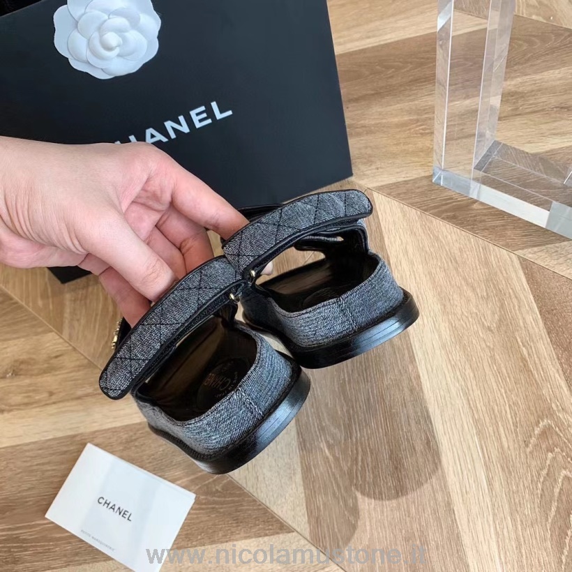 γνήσιας ποιότητας Chanel Cc με κουμπί πέδιλα Velcro τζιν καμβάς/δέρμα μοσχαριού συλλογή άνοιξη/καλοκαίρι 2021 μαύρο