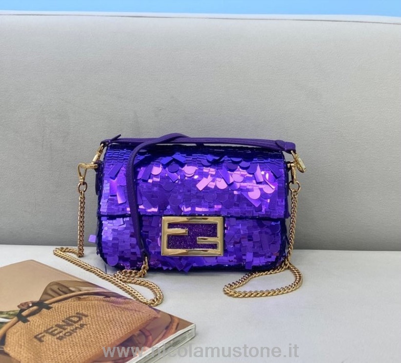 γνήσιας ποιότητας Fendi Ff παγιέτα διακοσμημένη τσάντα μπαγκέτας 18cm συλλογή άνοιξη/καλοκαίρι 2021 μωβ
