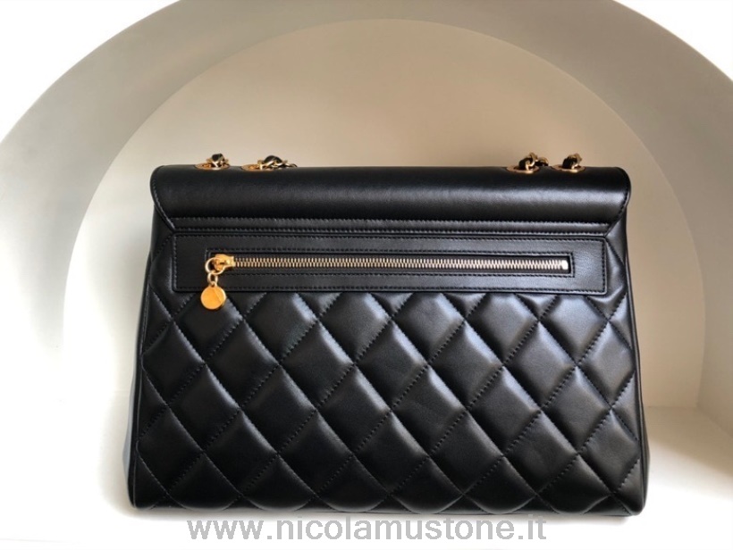 γνήσιας ποιότητας Chanel Vintage Flap Bag 34cm 92233 δέρμα αρνιού δέρμα μοσχαριού χρυσό υλικό μαύρο