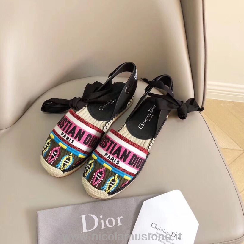 αυθεντική ποιότητα Christian Dior όμορφα-d σανδάλια εσπαντρίγιας με δαντέλα δέρμα μοσχαριού συλλογή άνοιξη/καλοκαίρι 2019 μαύρο/φουσκία