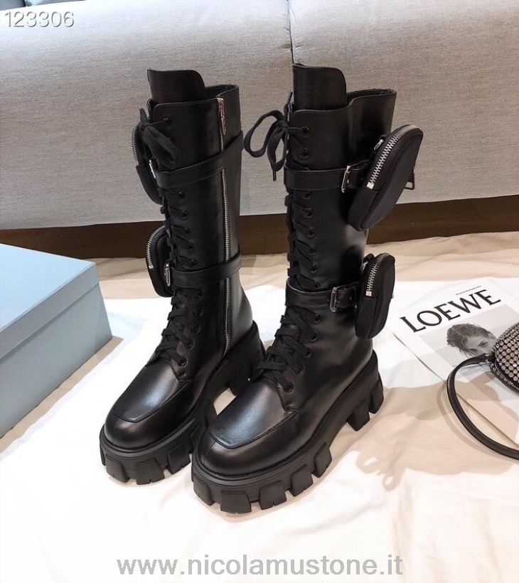 γνήσιας ποιότητας Prada Monolith ψηλές μπότες με γόνατο ματ δερμάτινο δέρμα μοσχαριού συλλογή φθινόπωρο/χειμώνας 2020 μαύρο