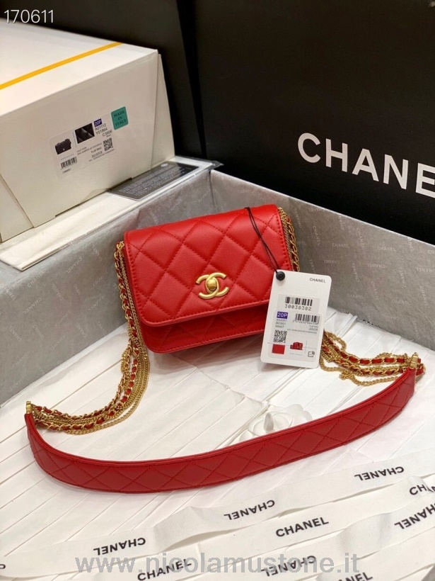 γνήσιας ποιότητας Chanel με λογότυπο Chanel διακοσμημένη τσάντα με πτερύγια 15cm δέρμα αρνιού χρυσό υλικό συλλογή φθινόπωρο/χειμώνας 2020 κόκκινο