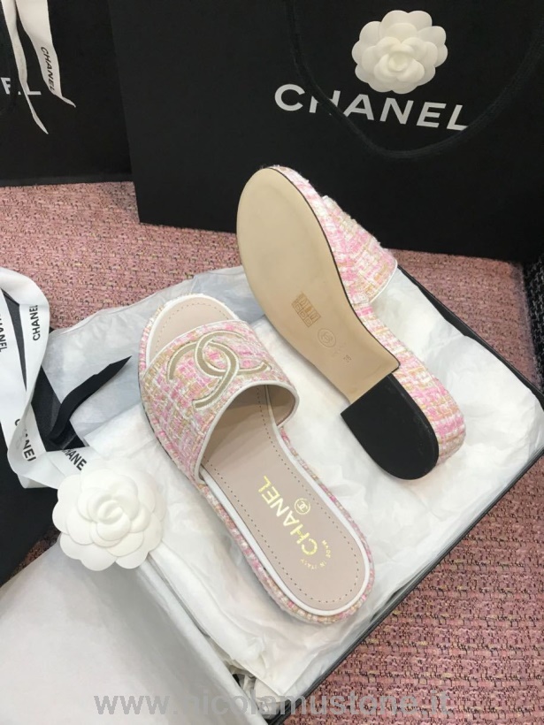αρχικής ποιότητας Chanel Tweed Cc Logo Mule σανδάλια δέρμα μοσχαριού δέρμα άνοιξη/καλοκαίρι 2020 Act 2 συλλογή ανοιχτό ροζ