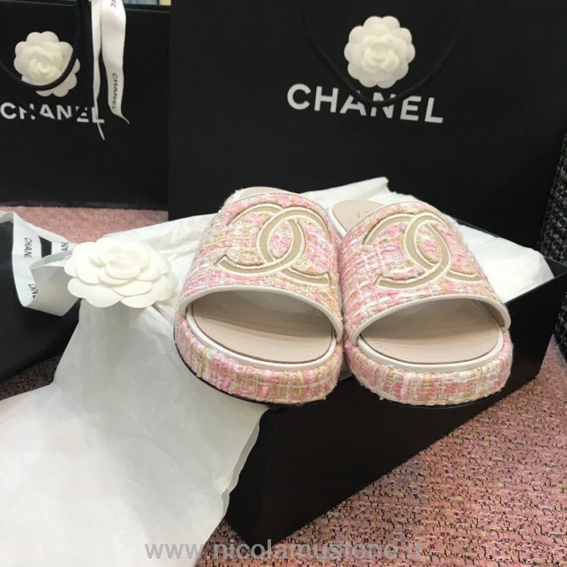 αρχικής ποιότητας Chanel Tweed Cc Logo Mule σανδάλια δέρμα μοσχαριού δέρμα άνοιξη/καλοκαίρι 2020 Act 2 συλλογή ανοιχτό ροζ