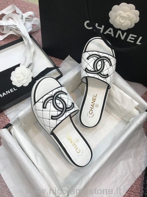 αρχικής ποιότητας Chanel Tweed Cc Logo Mule σανδάλια δέρμα μοσχαριού δέρμα άνοιξη/καλοκαίρι 2020 Act 2 συλλογή λευκό/μαύρο