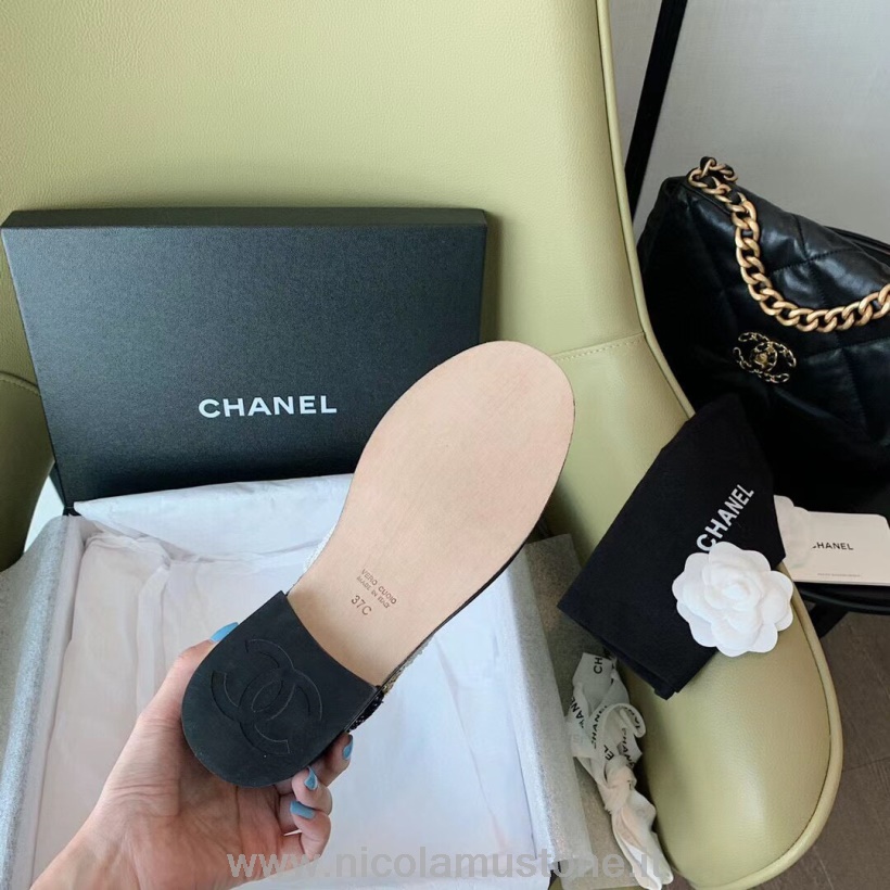 Πρωτότυπη ποιότητα Chanel παγιέτες/τουίντ με κορδόνια παπούτσια από δέρμα μοσχαριού συλλογή άνοιξη/καλοκαίρι 2020 λευκό/μαύρο/χρυσό
