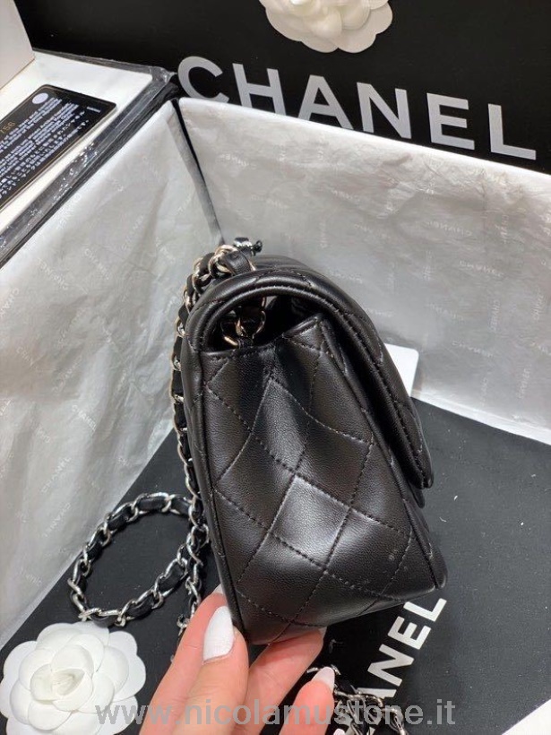 αρχικής ποιότητας Chanel Classic μίνι πτερύγιο τσάντα 18cm ασημί Hardware δέρμα αρνιού συλλογή άνοιξη/καλοκαίρι 2020 μαύρο