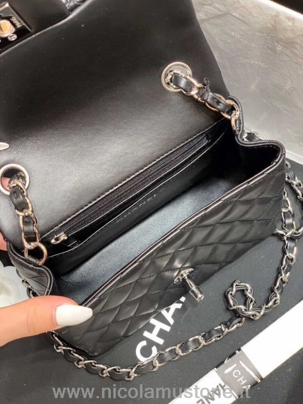 αρχικής ποιότητας Chanel Classic μίνι πτερύγιο τσάντα 18cm ασημί Hardware δέρμα αρνιού συλλογή άνοιξη/καλοκαίρι 2020 μαύρο