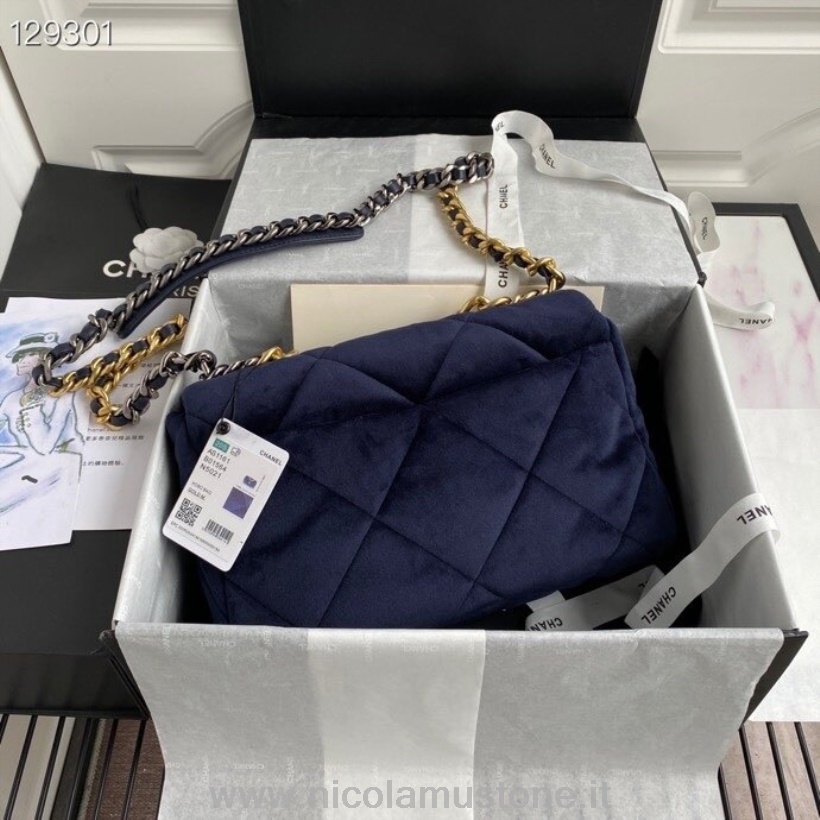 γνήσιας ποιότητας Chanel 19 Flap Bag βελούδο/δέρμα κατσικίσιο φθινόπωρο/χειμώνας 2020 συλλογή Navy Blue