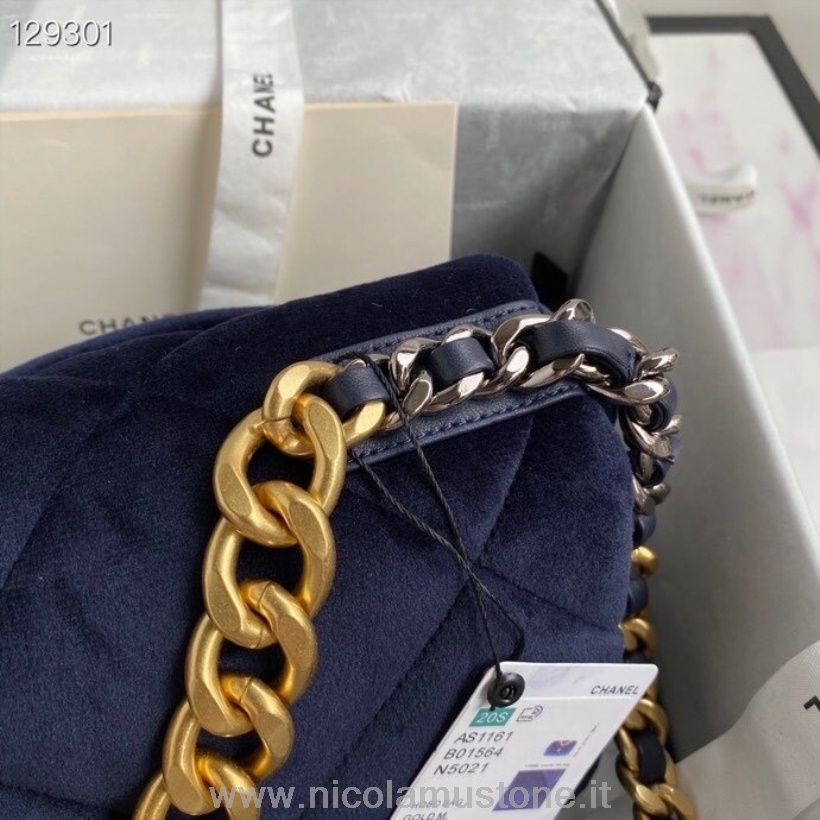 γνήσιας ποιότητας Chanel 19 Flap Bag βελούδο/δέρμα κατσικίσιο φθινόπωρο/χειμώνας 2020 συλλογή Navy Blue