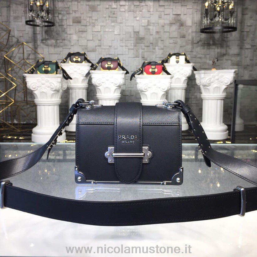 αρχικής ποιότητας Prada Cahier Shoulder 20cm τσάντα 1bh018 συλλογή άνοιξη/καλοκαίρι 2019 μαύρο/ασημί