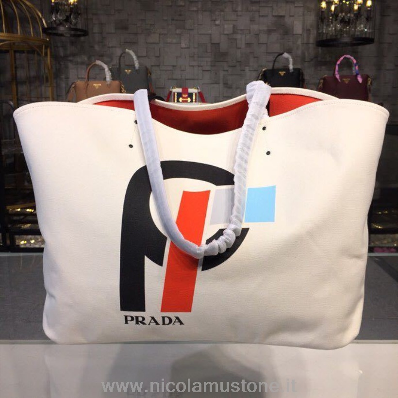αρχικής ποιότητας καμβάς Prada Logo Tote Bag 42cm 1bg220 καμβάς συλλογή άνοιξη/καλοκαίρι 2018 λευκό