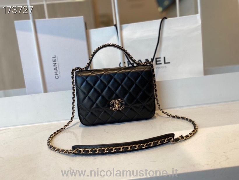 γνήσιας ποιότητας Chanel Flap Bag 24cm As0970 Lambskin Skin Lacquer Hardware Cruise 2021 εποχιακή συλλογή μαύρο