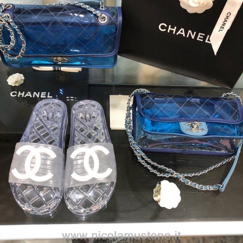 αρχικής ποιότητας Chanel γυαλιστερό διαφανές λογότυπο Cc Pvc Pool Mules/slides συλλογή άνοιξη/καλοκαίρι 2020 διαφανές