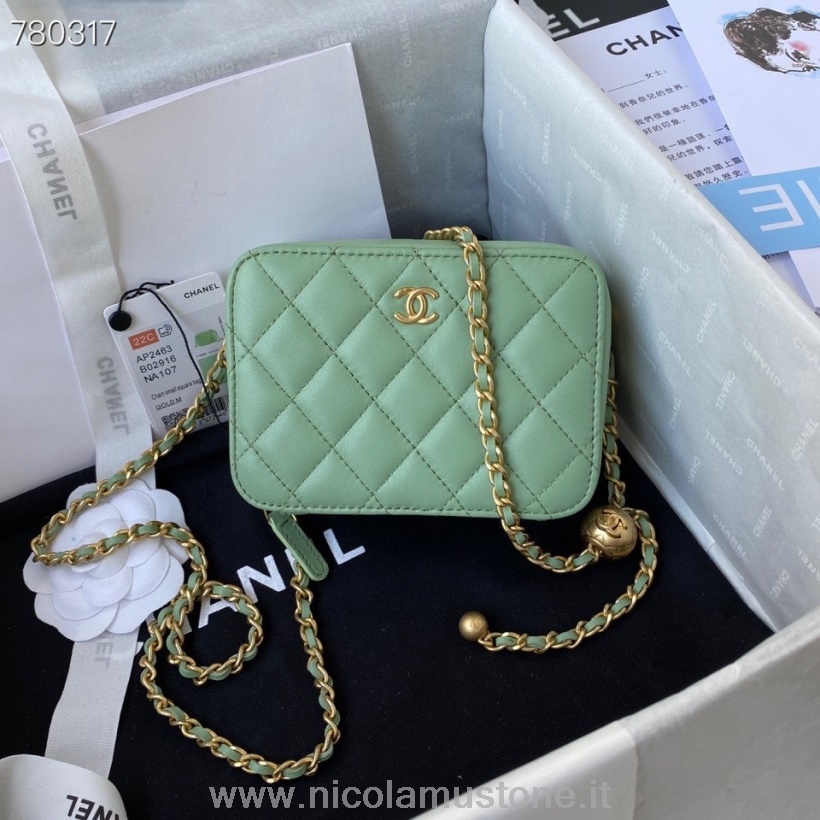 γνήσια ποιοτική τσάντα κουτί Chanel 14cm ως 2463 χρυσό υλικό από δέρμα αρνιού συλλογή φθινόπωρο/χειμώνας 2021 ανοιχτό πράσινο