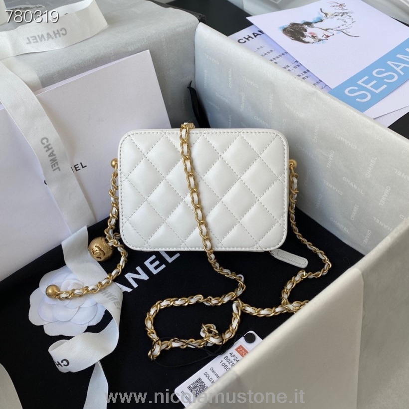 γνήσια ποιοτική τσάντα κουτί Chanel 14cm ως 2463 χρυσό υλικό από δέρμα αρνιού συλλογή φθινόπωρο/χειμώνας 2021 λευκό