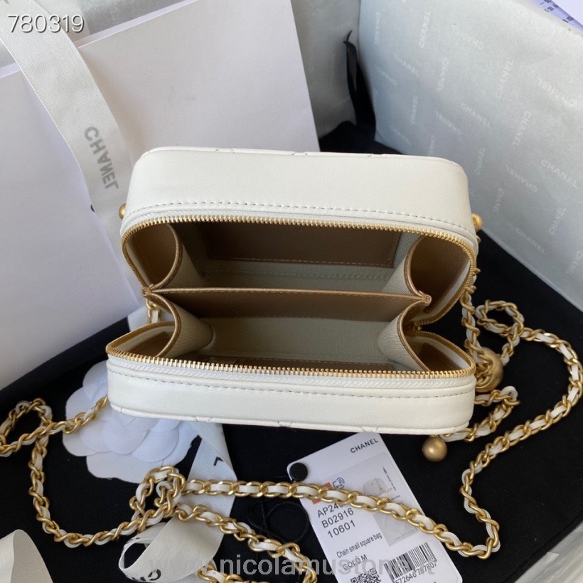 γνήσια ποιοτική τσάντα κουτί Chanel 14cm ως 2463 χρυσό υλικό από δέρμα αρνιού συλλογή φθινόπωρο/χειμώνας 2021 λευκό