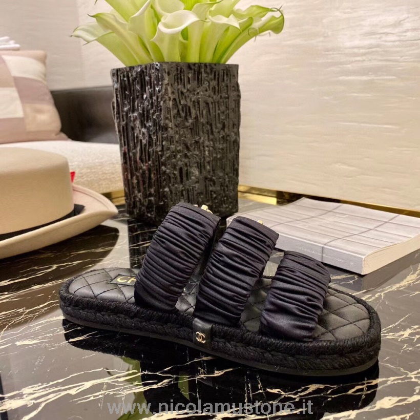 γνήσιας ποιότητας Chanel Ruched Mule σανδάλια από δέρμα μοσχαριού συλλογή άνοιξη/καλοκαίρι 2020 μαύρο