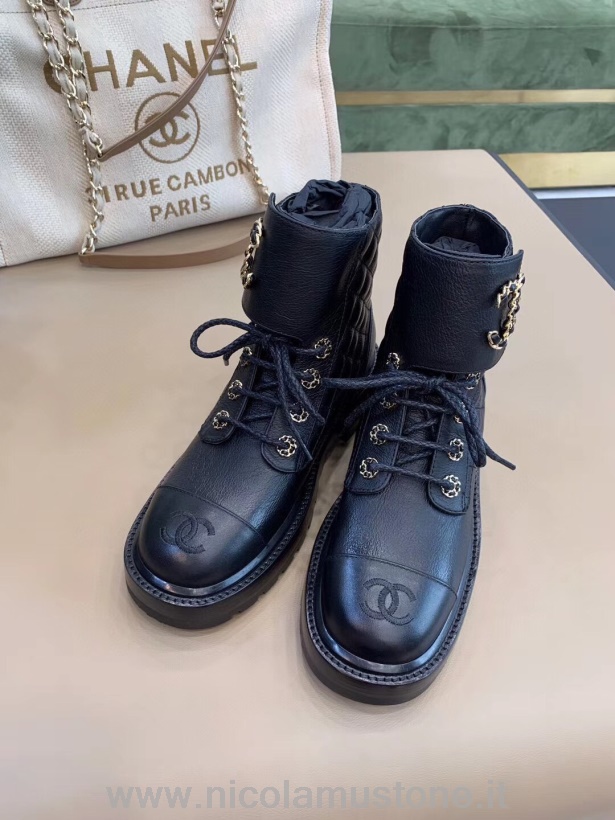 γνήσιας ποιότητας Chanel καπιτονέ Cc με κορδόνια μπότες από δέρμα αρνιού συλλογή άνοιξη/καλοκαίρι 2020 μαύρο