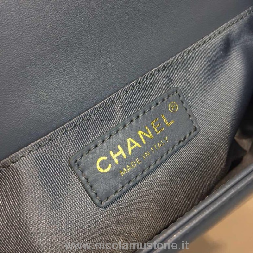 γνήσιας ποιότητας Chanel Chevron τσάντα για αγόρι 25cm δέρμα αρνιού αντίκες χρυσό υλικό άνοιξη/καλοκαίρι 2018 πράξη 1 συλλογή λινό μπλε