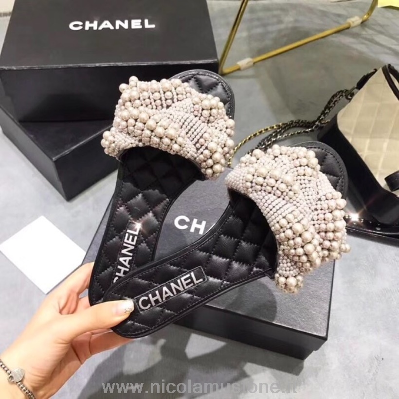 μαργαριτάρια Chanel πρωτότυπης ποιότητας  υφασμάτινα σανδάλια Mule Slide δέρμα μοσχαριού δέρμα άνοιξη/καλοκαίρι πράξη 2 2018 συλλογή γκρι/μαύρο