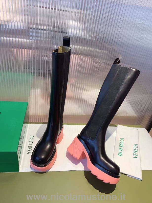 γνήσιας ποιότητας Bottega Veneta Flash γόνατο μπότες από δέρμα μοσχαριού φθινόπωρο/χειμώνας 2021 συλλογή μαύρο/ροζ σομόν