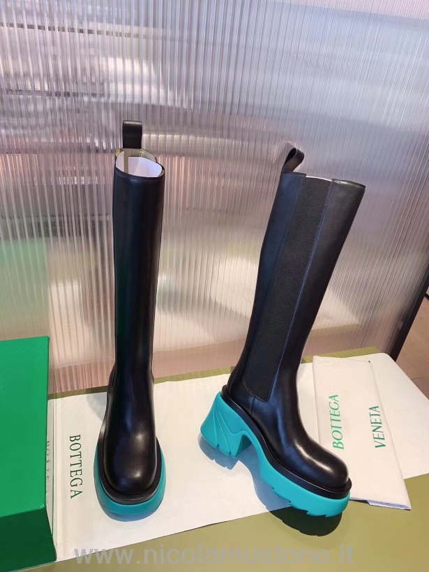 γνήσιας ποιότητας Bottega Veneta Flash γόνατο μπότες από δέρμα μοσχαριού φθινόπωρο/χειμώνας 2021 συλλογή μαύρο/τιρκουάζ