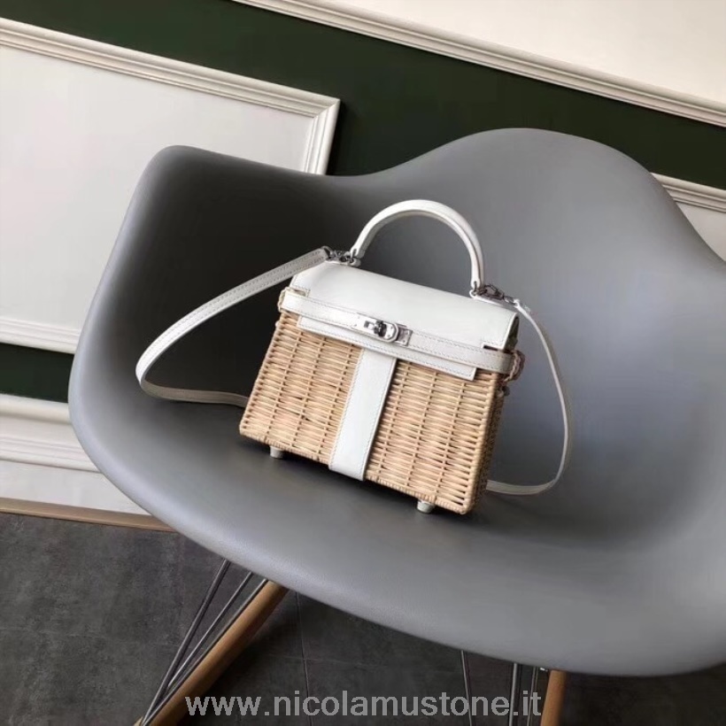 γνήσιας ποιότητας Hermes Mini Kelly τσάντα για πικνίκ 25 εκ ψάθινο και κουτί δέρμα μοσχαριού δέρμα παλλάδιο υλικό χειροποίητο Blanc Ck01