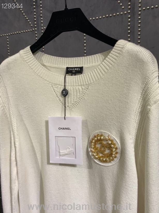 γνήσιας ποιότητας Chanel Cc λογότυπο κέντημα πλεκτό πουλόβερ φθινόπωρο/χειμώνας 2020 συλλογή λευκό