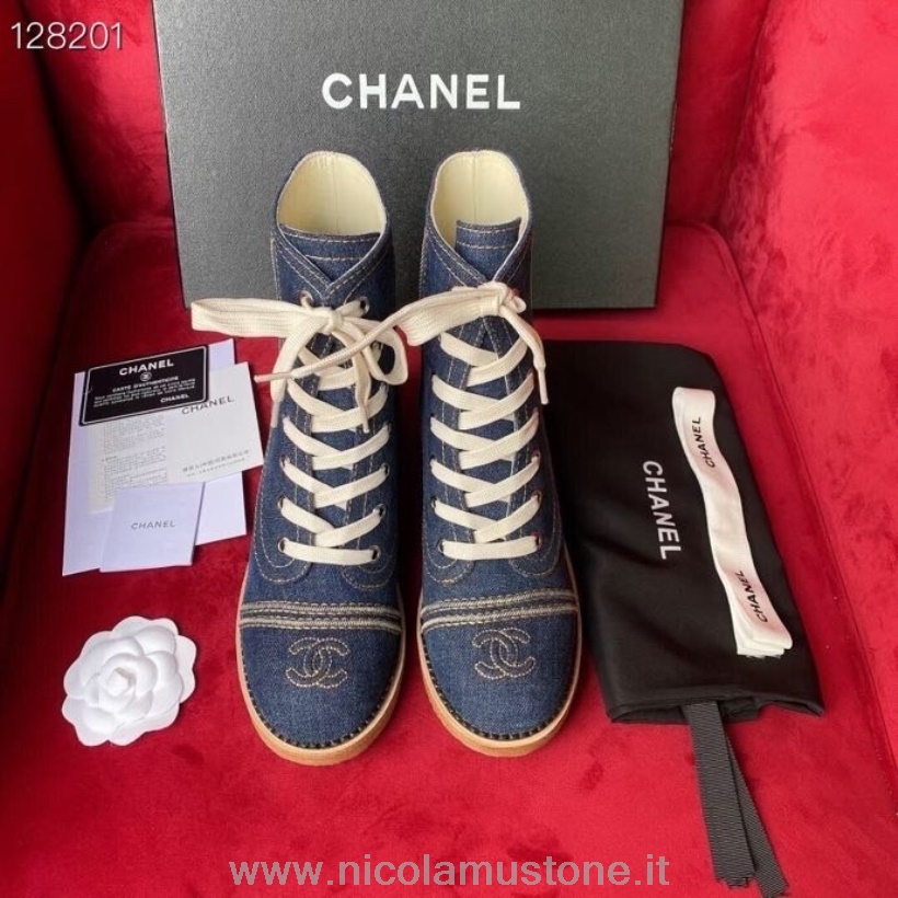 γνήσιας ποιότητας Chanel χοντρό τακούνι με κορδόνι μπότες τζιν/δέρμα από δέρμα μοσχαριού συλλογή φθινόπωρο/χειμώνας 2020 σκούρο μπλε