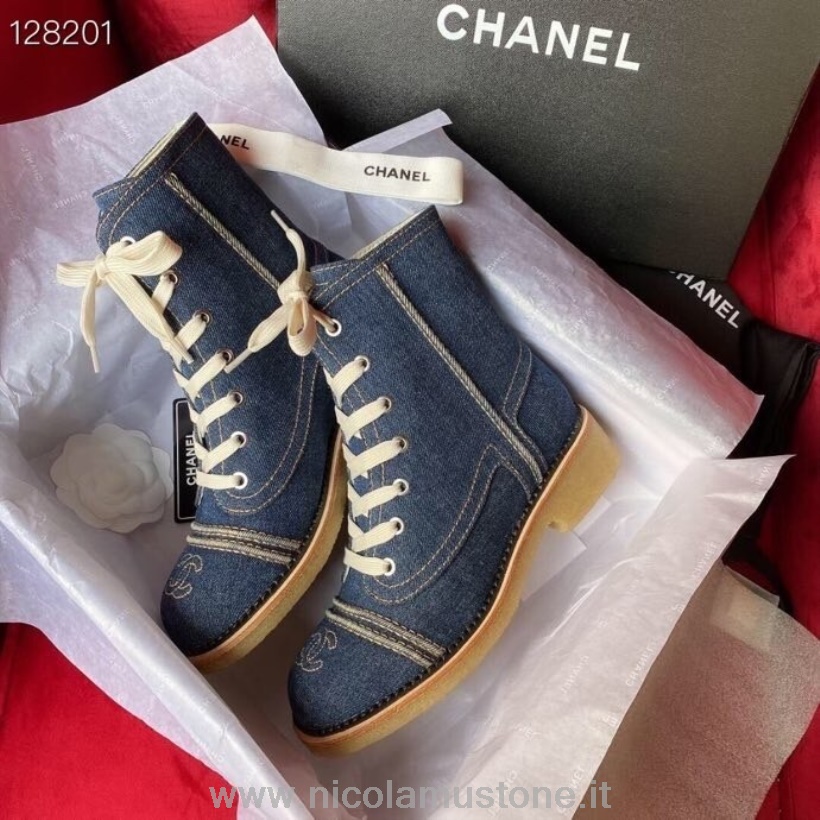γνήσιας ποιότητας Chanel χοντρό τακούνι με κορδόνι μπότες τζιν/δέρμα από δέρμα μοσχαριού συλλογή φθινόπωρο/χειμώνας 2020 σκούρο μπλε