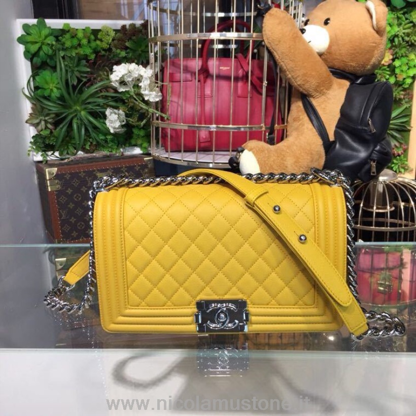 αρχικής ποιότητας Chanel Boy Bag 25cm δέρμα χαβιάρι γυαλιστερό ασημί υλικό άνοιξη/καλοκαίρι 2018 πράξη 1 συλλογή κίτρινο