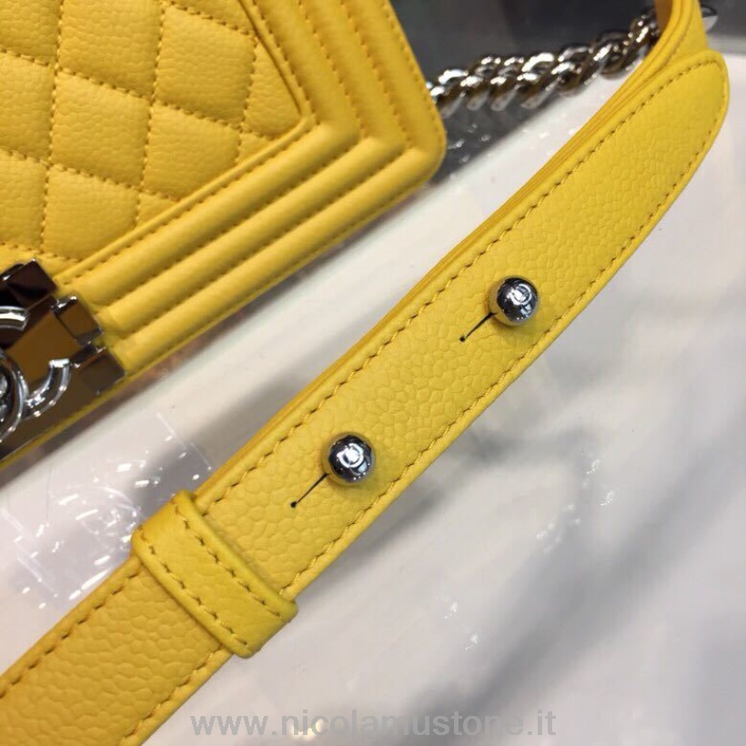 αρχικής ποιότητας Chanel Boy Bag 25cm δέρμα χαβιάρι γυαλιστερό ασημί υλικό άνοιξη/καλοκαίρι 2018 πράξη 1 συλλογή κίτρινο