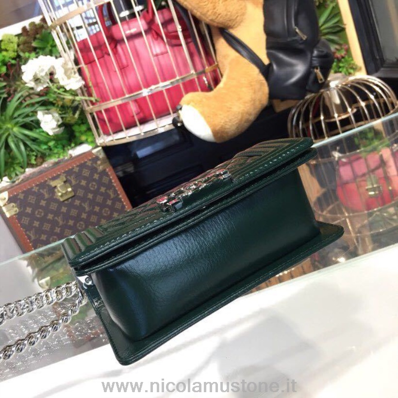 αρχικής ποιότητας Chanel Leboy τσάντα 20cm γυαλιστερό δέρμα ελαφιού ασημί υλικό άνοιξη/καλοκαίρι 2018 πράξη 1 συλλογή σκούρο πράσινο του δάσους