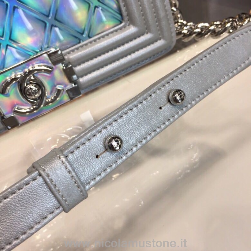 γνήσιας ποιότητας Chanel Water Mini Boy Bag 20cm λουστρίνι ασημί υλικό άνοιξη/καλοκαίρι 2018 πράξη 1 συλλογή μπλε Pvc/ιριδίζον