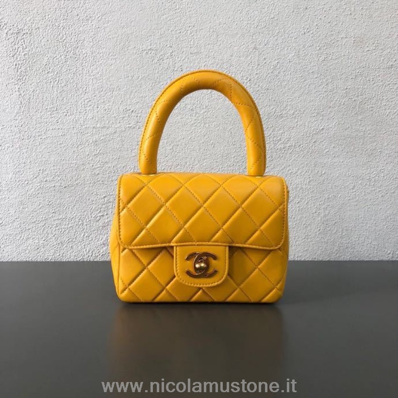 γνήσιας ποιότητας Chanel Vintage καπιτονέ με διπλή λαβή τσάντα με διπλό πτερύγιο 28cm δέρμα αρνιού ασημί υλικό συλλογή άνοιξη/καλοκαίρι 2019 κίτρινο