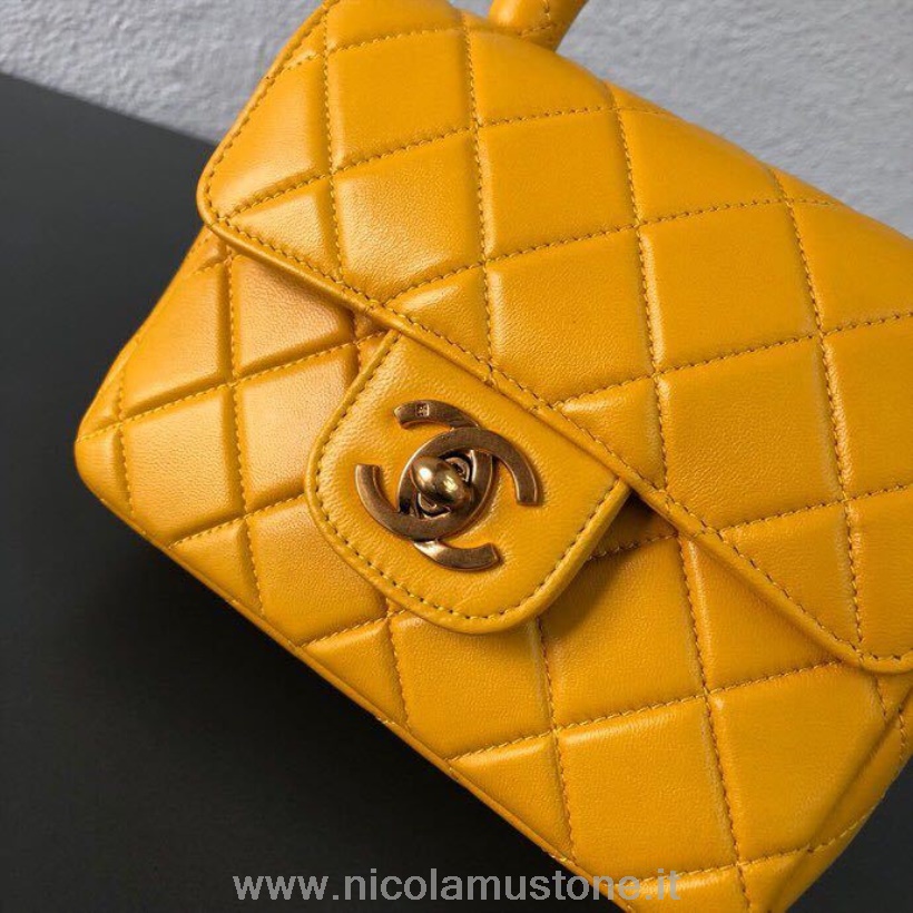 γνήσιας ποιότητας Chanel Vintage καπιτονέ με διπλή λαβή τσάντα με διπλό πτερύγιο 28cm δέρμα αρνιού ασημί υλικό συλλογή άνοιξη/καλοκαίρι 2019 κίτρινο