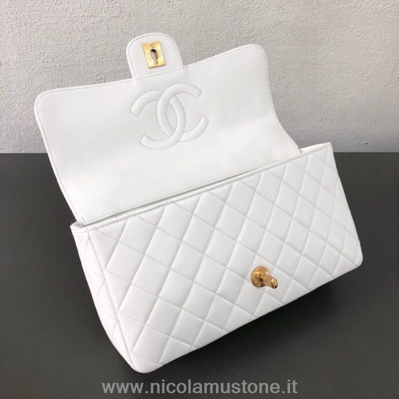 γνήσιας ποιότητας Chanel Vintage καπιτονέ με διπλή λαβή τσάντα με διπλό πτερύγιο 28cm δέρμα αρνιού ασημί υλικό συλλογή άνοιξη/καλοκαίρι 2019 λευκό